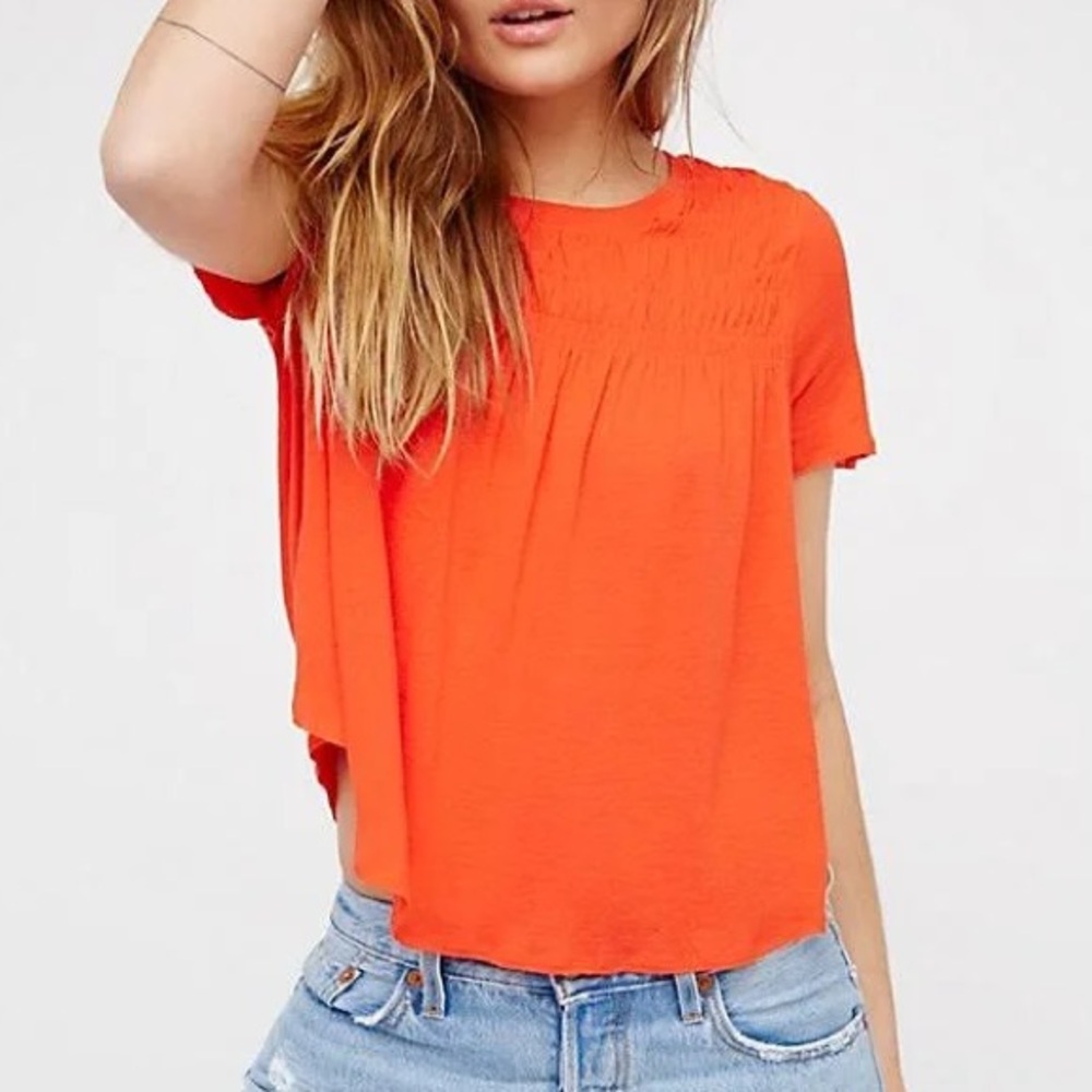 Free People Dani Smocked Tee Red Linen Blend Short Sleeve Top Size M